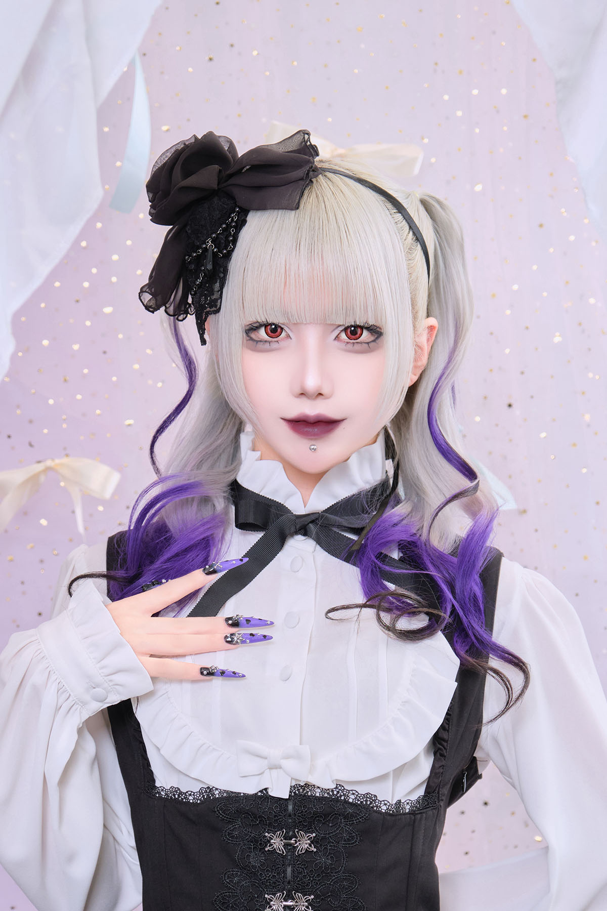 レースベール付きパール飾りバラヘッドドレスス：黒ｼﾌｫﾝ×黒ﾚｰｽ×黒ﾁｪｰﾝ/黒しずく