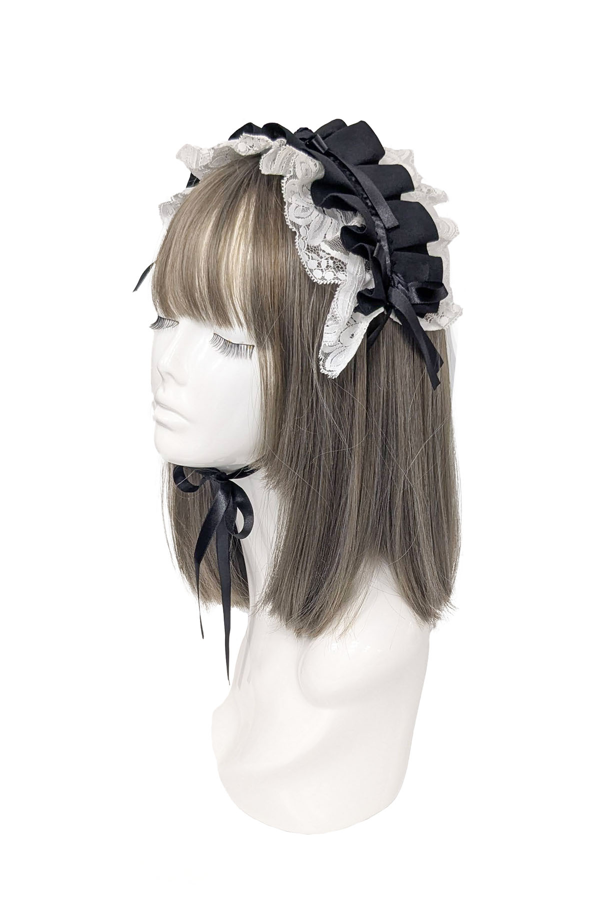 サテンバラ付きタックプリーツヘッドドレス：黒×白レース