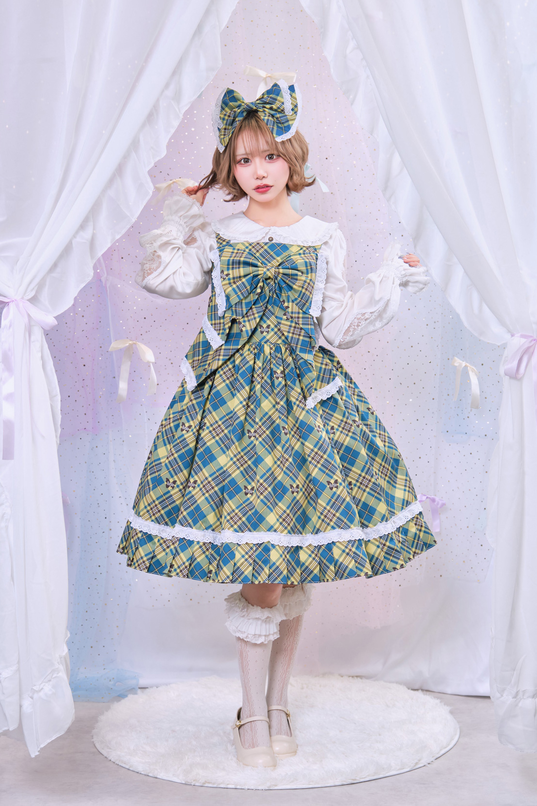 Tartan Girl Dress + Big Ribbon Yellow×Indigo