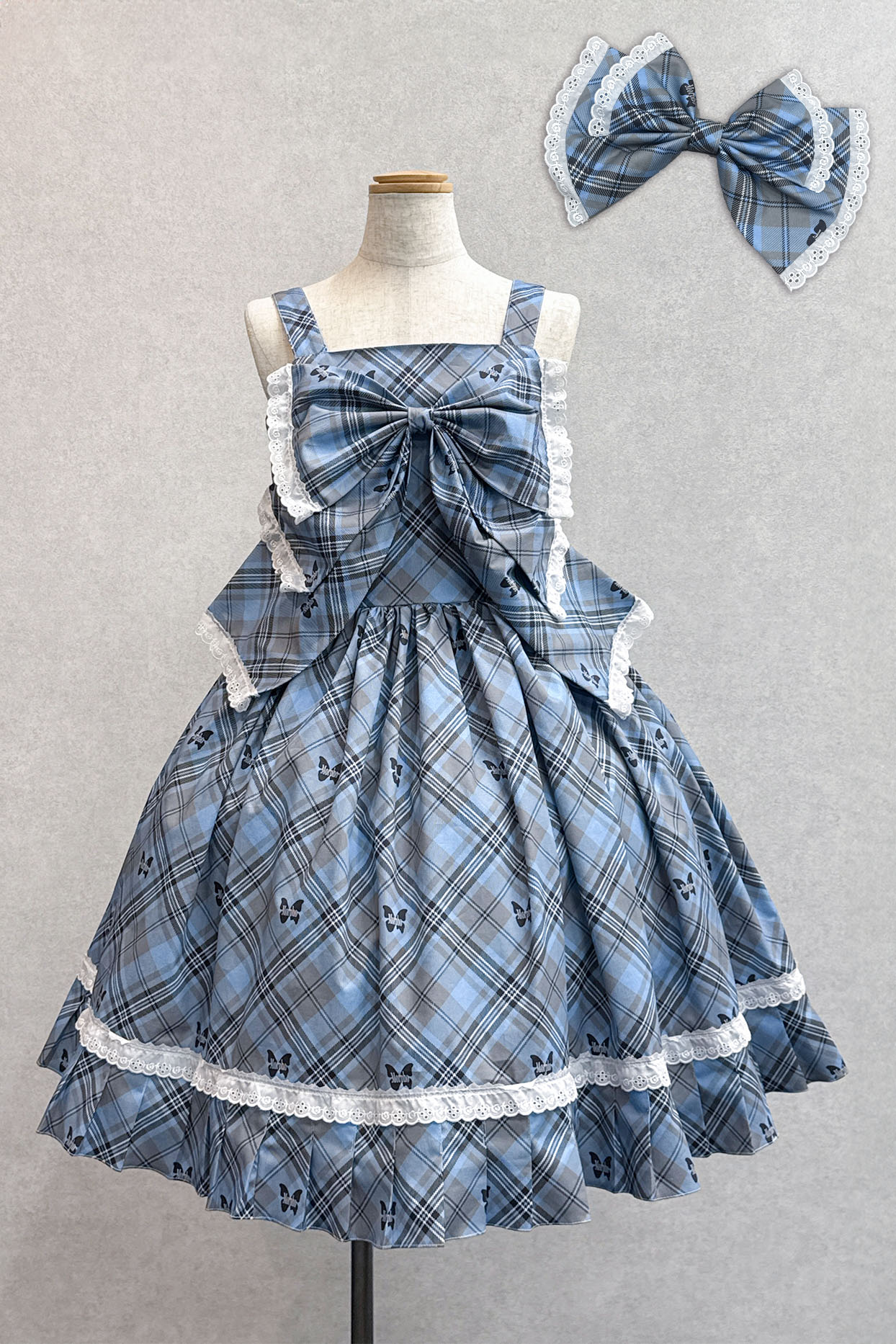 Tartan Girl Dress + Big Ribbon Blue×Grey