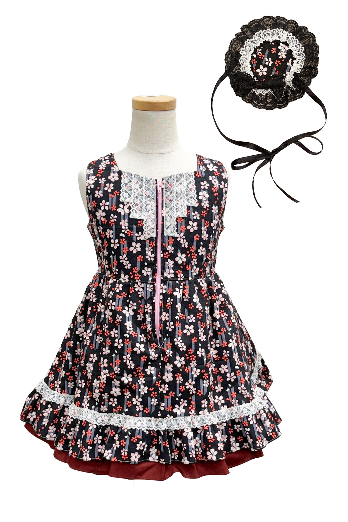 120サイズ]ゆき児矢羽根桜柄ジャンパースカート+ヘッドドレス