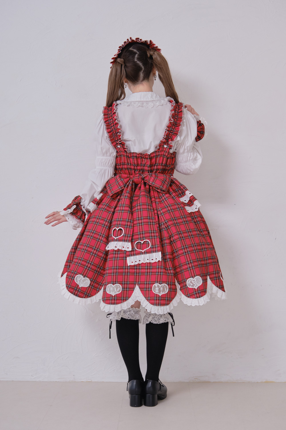 小能熊 赤チェック ジャンパースカート ボンネット ロリィタ 私は可愛いジャンパースカート 赤タータンチェック×白｜東京ロリィタ