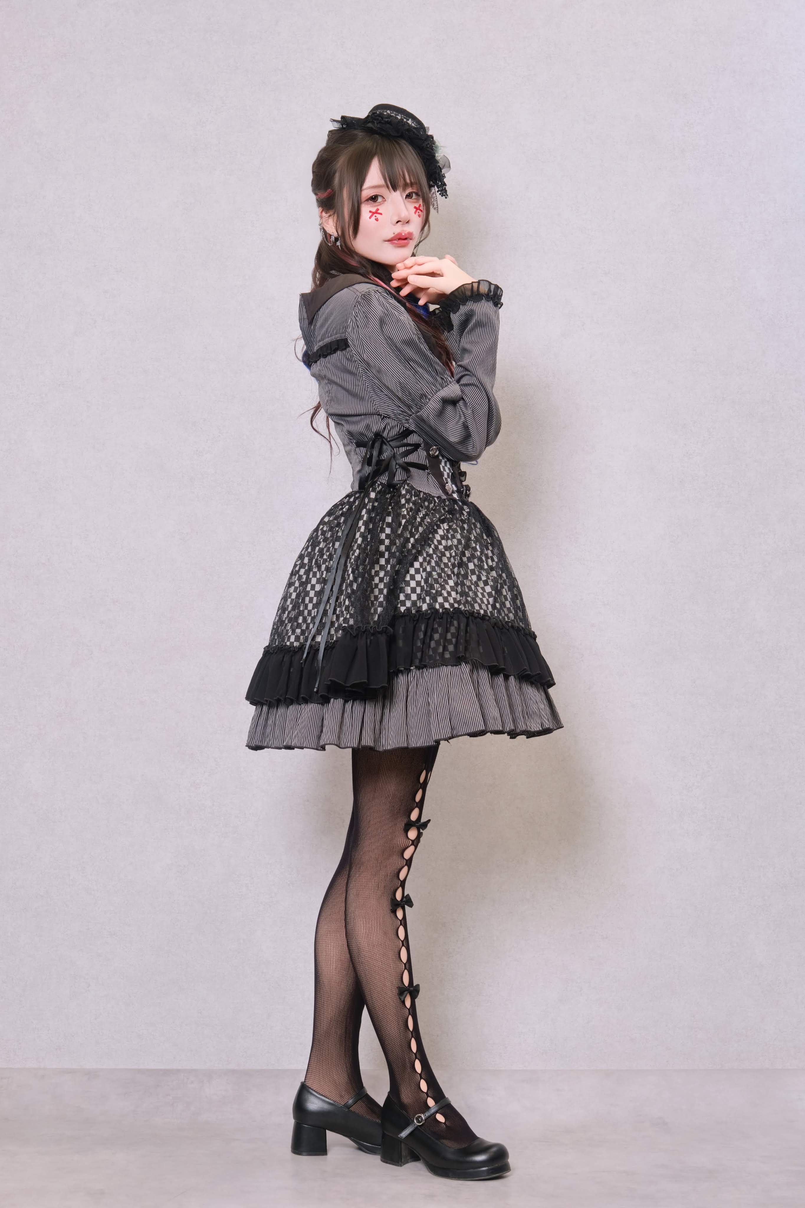 極上アンティーク道中着美品✨個性的な変わり衿　身丈117ブラックに丸い模様 重ね着風市松柄ゴシックワンピース｜東京ロリィタ-TOKYO LOLITA